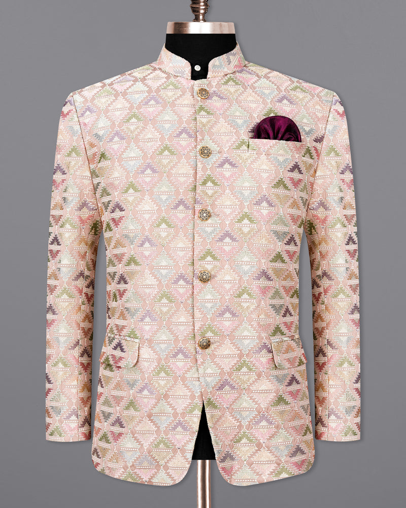 Vanilla Pink and Pixie Green Cotton Thread Embroidered Bandhgala Blazer