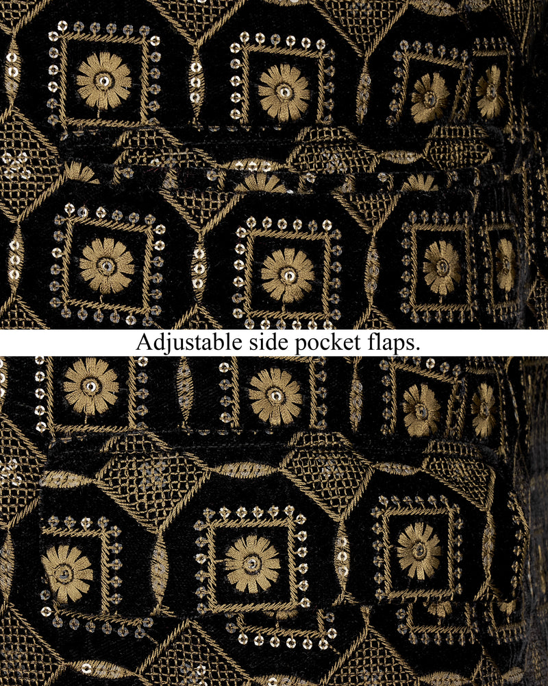 Moccasin Brown and Black Embroidered Work Bandhgala Blazer