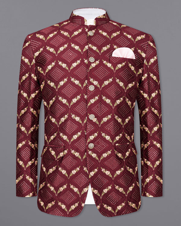 Wine with Lichen Green and Flamingo Pink Embroidered with Sequins Work Bandhgala Blazer