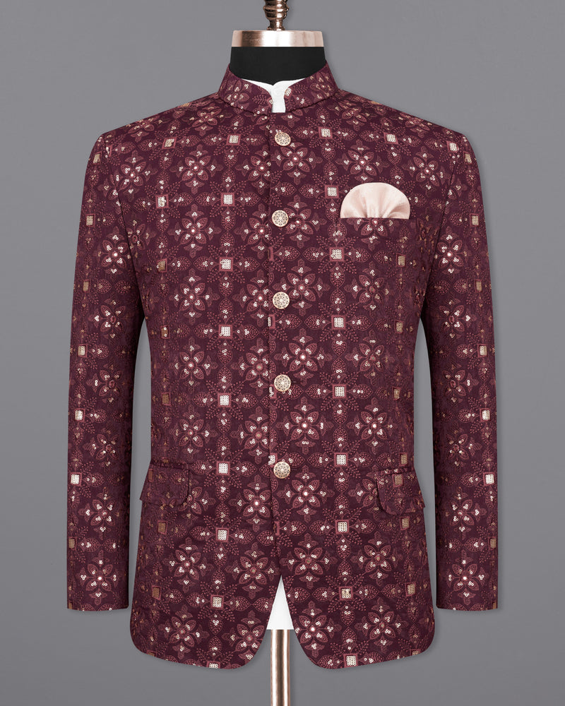 Cocoa Bean Maroon With Sequins Embroidered Bandhgala Blazer BL2415-BG-36,BL2415-BG-38,BL2415-BG-40,BL2415-BG-42,BL2415-BG-44,BL2415-BG-46,BL2415-BG-48,BL2415-BG-50,BL2415-BG-52,BL2415-BG-54,BL2415-BG-56,BL2415-BG-58,BL2415-BG-60