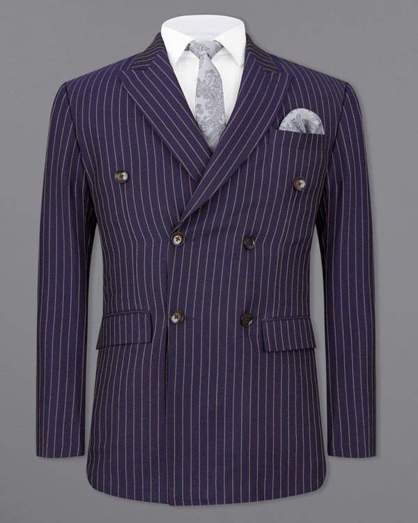 Tuna Navy Blue with Coral Reef Brown Striped Double-Breasted Blazer