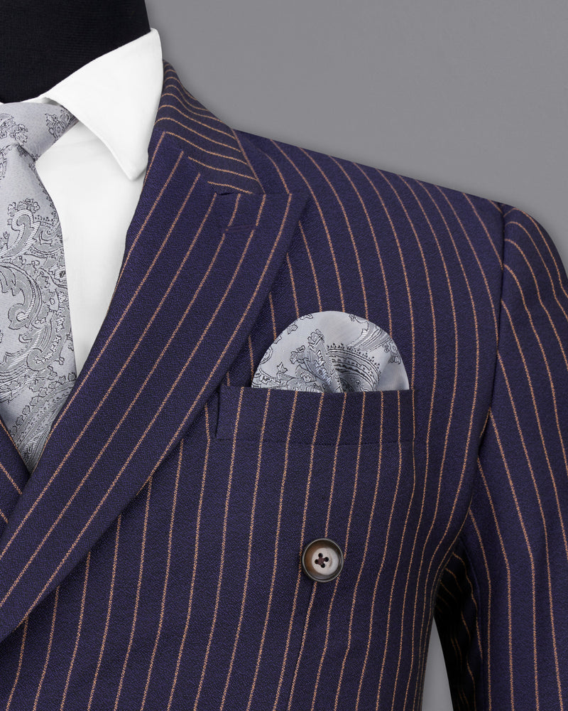 Tuna Navy Blue with Coral Reef Brown Striped Double-Breasted Blazer