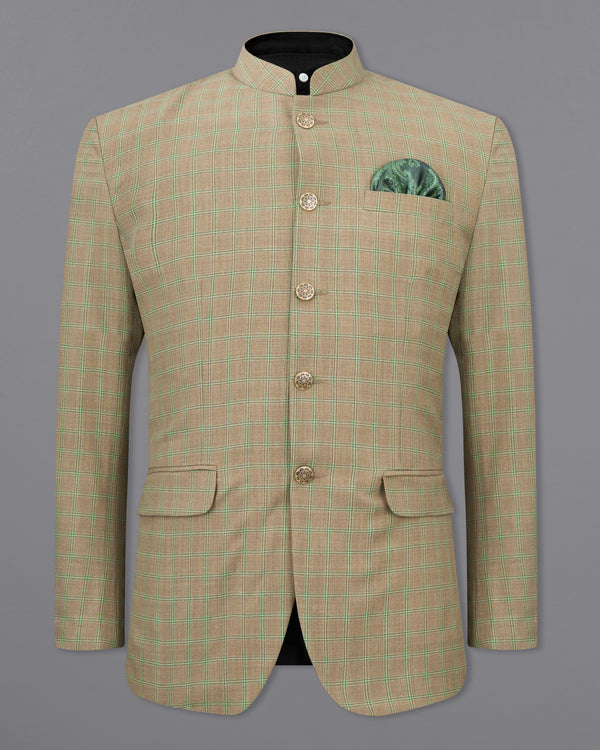 Sandrift Brown with Sprout Green Plaid Bandhgala Blazer