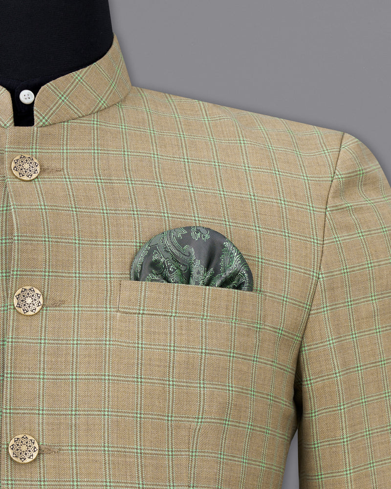 Sandrift Brown with Sprout Green Plaid Bandhgala Blazer