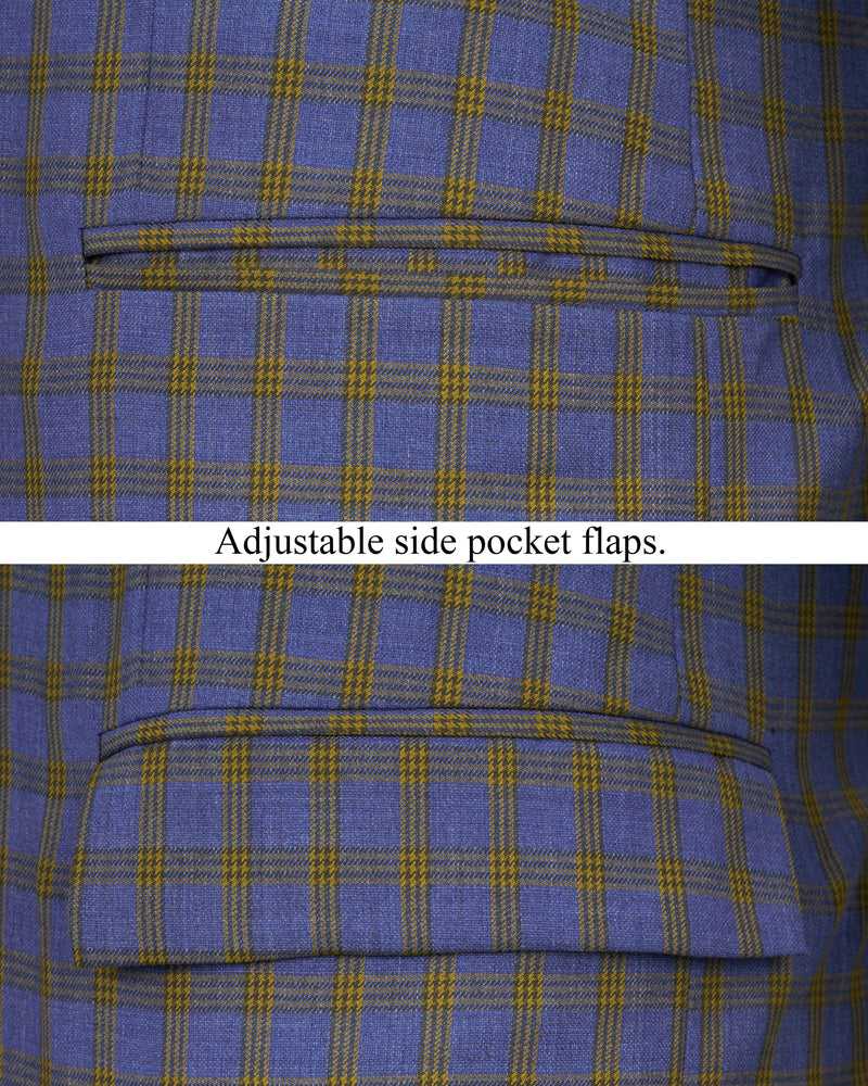 Twilight Blue with Alpine Brown Plaid Cross Buttoned Bandhgala Blazer