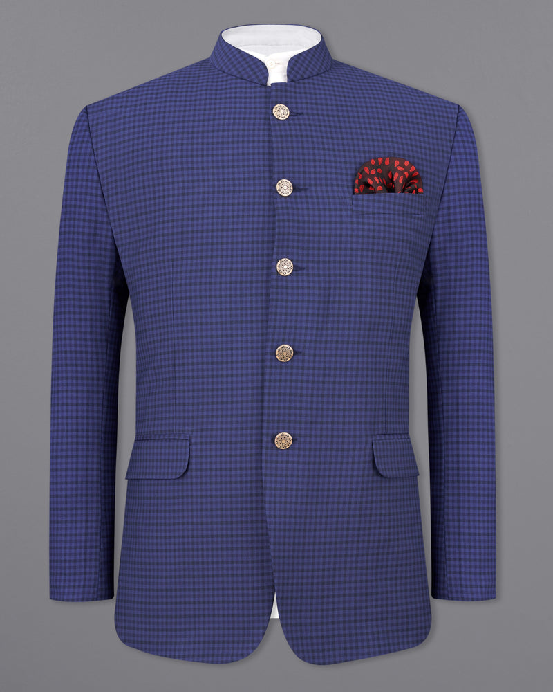 Victoria Blue Gingham Checkered Bandhgala Blazer