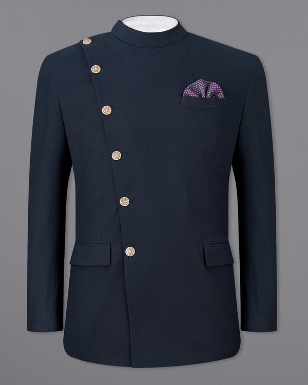 Firefly Navy Blue Premium Cotton Cross Buttoned Bandhgala Blazer