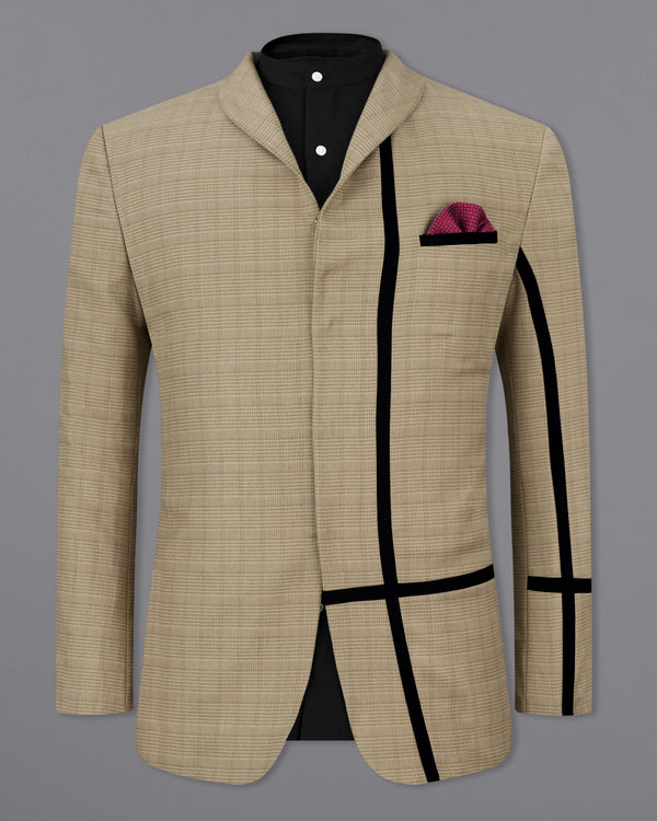 Pale Taupe Brown Plaid with Black Patchwork Wool Rich Blazer