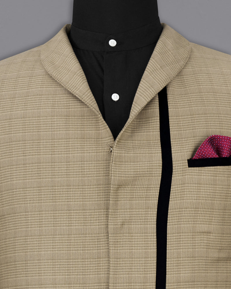 Pale Taupe Brown Plaid with Black Patchwork Wool Rich Blazer