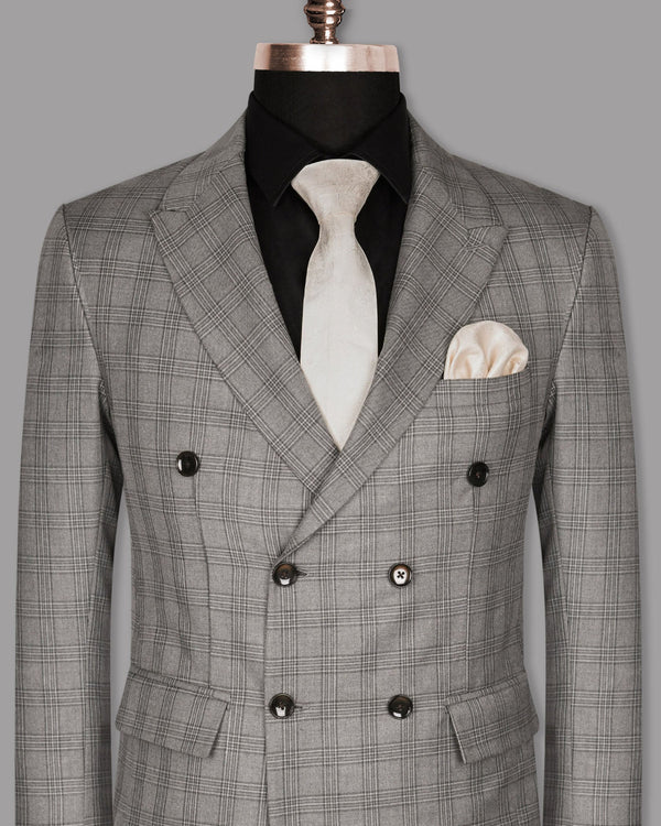 Cloudy Grey Tonal Checked Double Breasted Wool Blend Blazer BL768DB-38, BL768DB-46, BL768DB-40, BL768DB-36, BL768DB-42, BL768DB-44, BL768DB-48, BL768DB-50, BL768DB-52, BL768DB-56, BL768DB-58, BL768DB-60, BL768DB-54