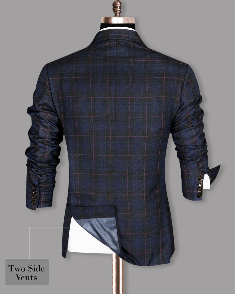 Jade Black with Royal Blue and Red Windowpane Wool Rich Double Breasted Blazer