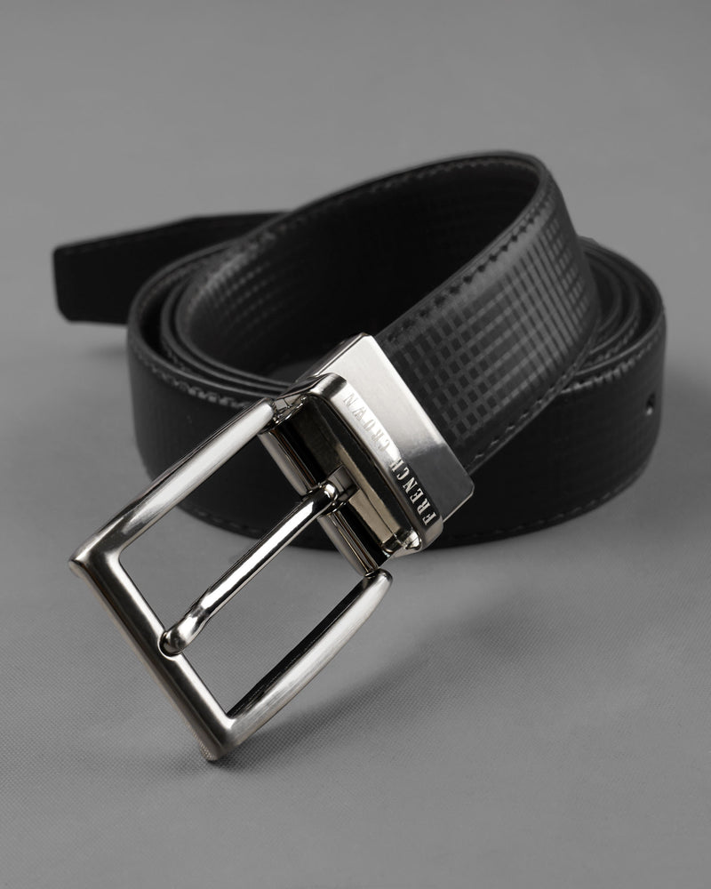 Silver Metallic Shiny Buckle with Jade Black and Dark Brown Leather Free Handcrafted Reversible Belt