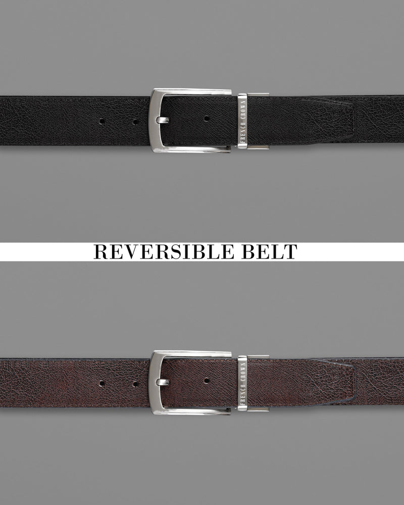 Silver Metallic Buckle with Jade Black and Brown Leather Free Handcrafted Reversible Belt BT070-28, BT070-30, BT070-32, BT070-34, BT070-36, BT070-38