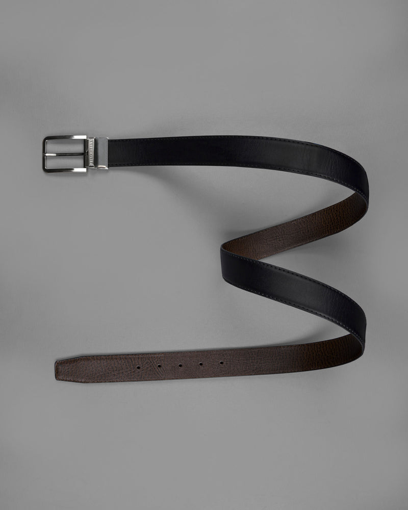 Silver Metallic Shiny Buckle with Jade Black and Dark Brown Leather Free Handcrafted Reversible Belt BT071-28, BT071-30, BT071-32, BT071-34, BT071-36, BT071-38