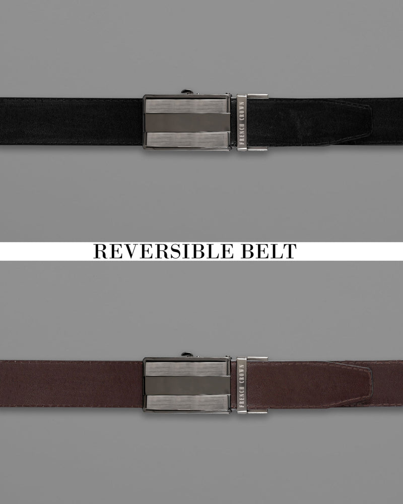 Silver Metallic with Golden Shiny Box Buckle with Jade Black and Brown Leather Free Handcrafted Reversible Belt BT074-28, BT074-30, BT074-32, BT074-34, BT074-36, BT074-38