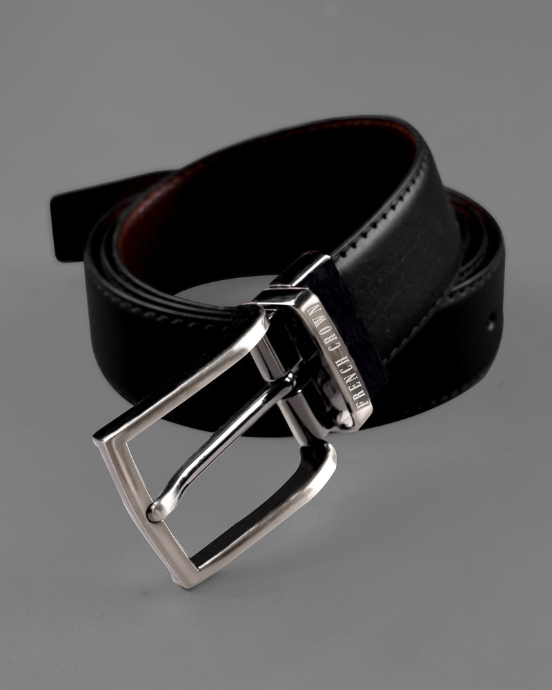 Silver Metallic Shiny Buckle with Jade Black and Brown Leather Free Handcrafted Reversible Belt BT076-28, BT076-30, BT076-32, BT076-34, BT076-36, BT076-38
