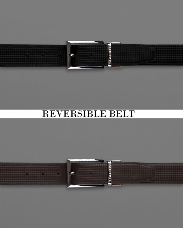 Metallic Silver Shiny Buckle with Jade Black and Brown Leather Free Handcrafted Reversible Belt BT085-28, BT085-30, BT085-32, BT085-34, BT085-36, BT085-38