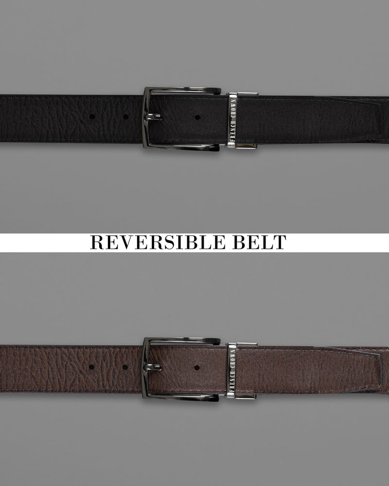 Silver Shiny Buckle with Jade Black and Brown Leather Free Handcrafted Reversible Belt BT086-28, BT086-30, BT086-32, BT086-34, BT086-36, BT086-38