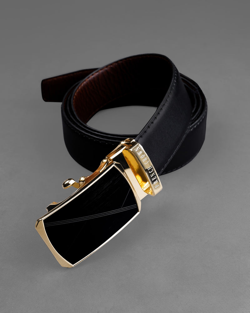 Designer Black and Gold Matte Finish Buckle with Jade Black and Brown Leather Free Handcrafted Reversible Belt