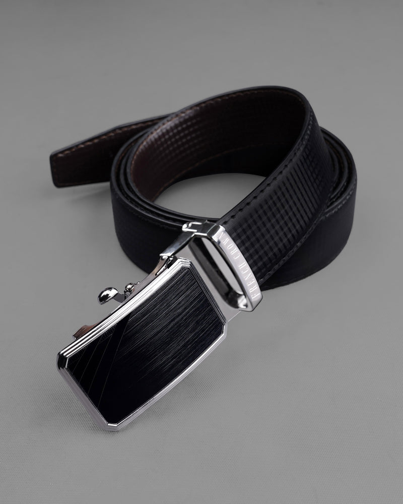 Designer Silver and Black Buckle with Jade Black and Brown Leather Free Handcrafted Reversible Belt