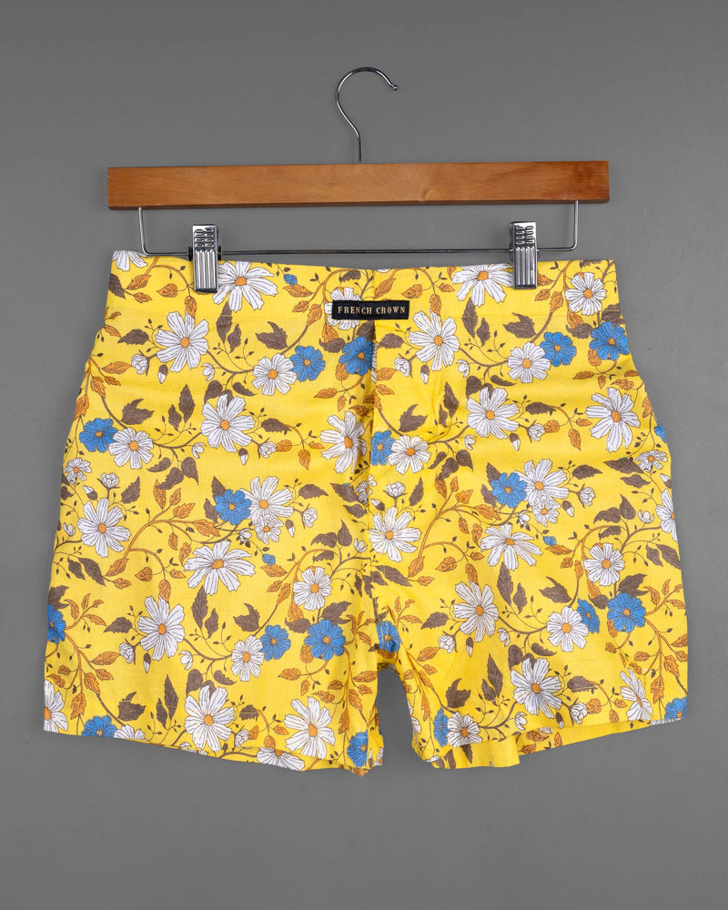 Sandstorm Yellow Floral Printed and Bright White with Downriver Blue Plaid Premium Cotton Boxers CBX390-28, CBX390-30, CBX390-32, CBX390-34, CBX390-36, CBX390-38, CBX390-40, CBX390-42, CBX390-44