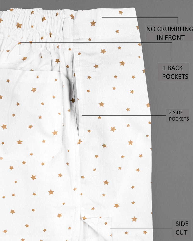 Bright White and Dark Tan Brown Leaves Printed Premium Tencel with Bright White With Sandrift Brown Star Printed Twill Boxers CBX415-28, CBX415-30, CBX415-32, CBX415-34, CBX415-36, CBX415-38, CBX415-40, CBX415-42, CBX415-44