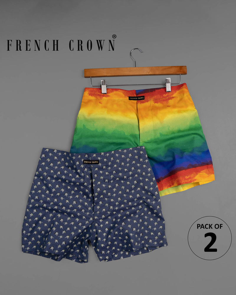 Cloud Burst Navy Blue Printed and Rainbow Colored Cotton Boxers BX424-28, BX424-30, BX424-32, BX424-34, BX424-36, BX424-38, BX424-40, BX424-42, BX424-44