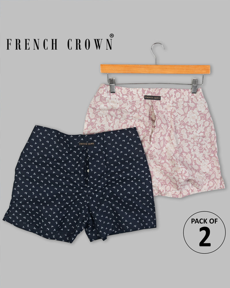 Light Pink Flowers Printed and Navy Micro Leaves Print Boxers BX282-32, BX282-38, BX282-28, BX282-30, BX282-34, BX282-42, BX282-36, BX282-40, BX282-44