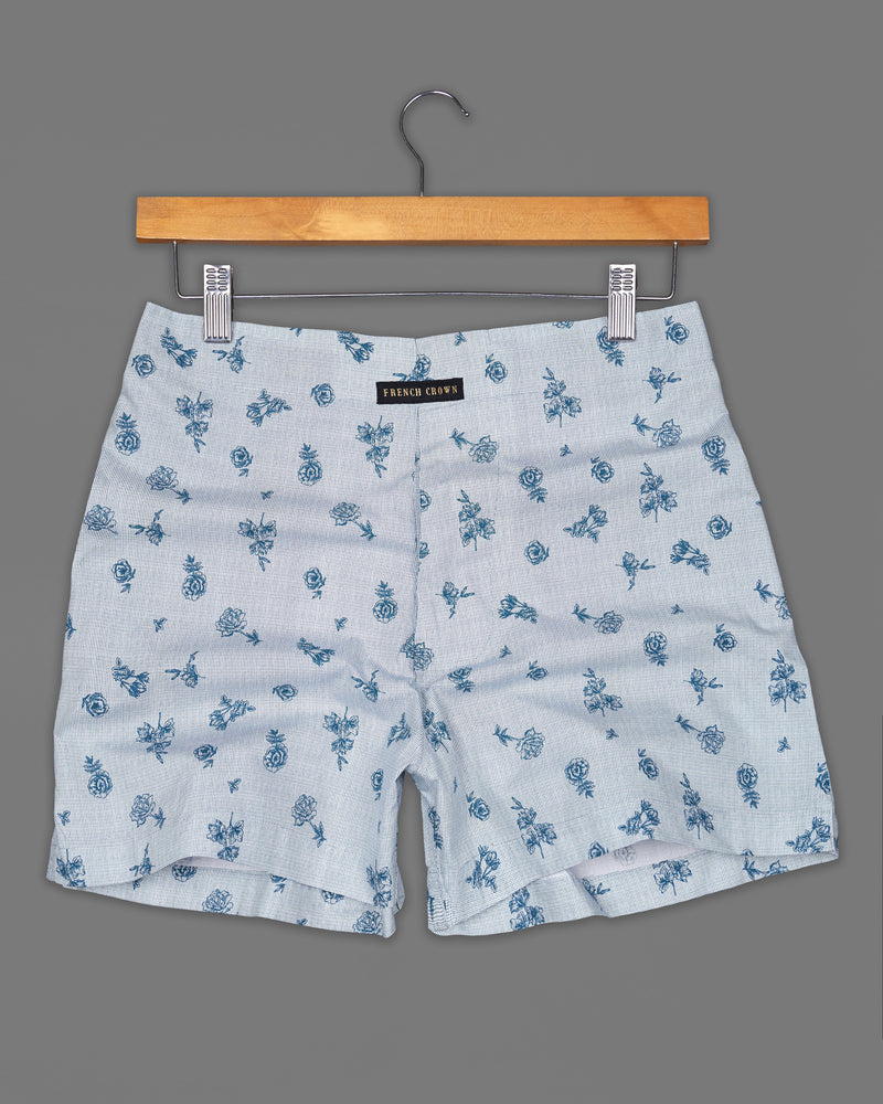 Spring Rain Gray Dobby textured And Bright White with Denim Blue Rose Printed Premium Cotton Boxers