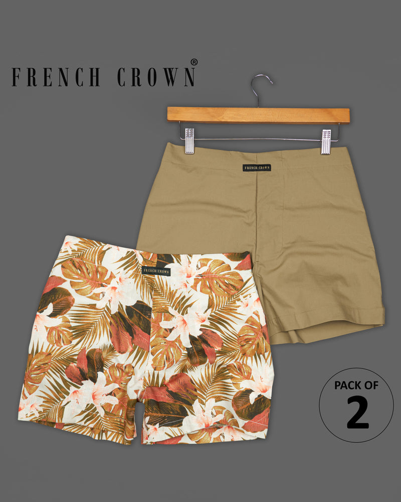 Stone Brown Twill Premium Cotton Boxers with Dawn Cream Multicolored Floral Textured Premium Tencel Boxers Combo