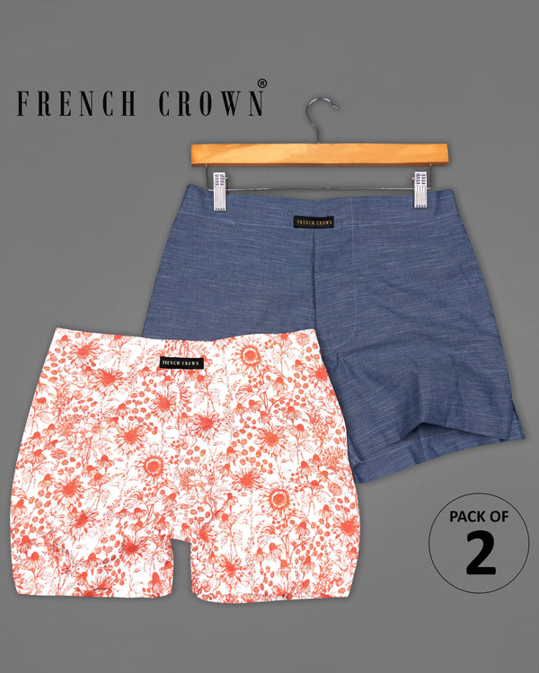 Mulled Blue Denim Boxers with Bright White and Jasper Red Floral Printed Premium Cotton Boxers Combo