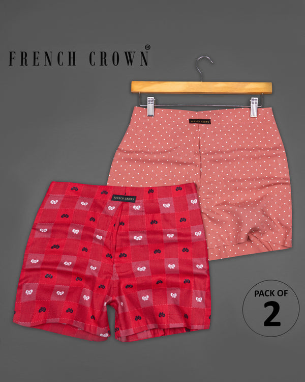Burning Peach Polka Dotted Premium Tencel And Venetian Red with Boysenberry Pink Windowpane Twill Premium Cotton Boxers