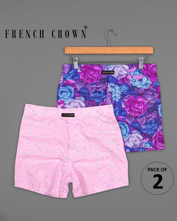 Chambray Blue with Byzantium Pink Rose Printed Twill Premium Cotton Boxers and Chantilly Pink Printed Premium Cotton Boxers Combo