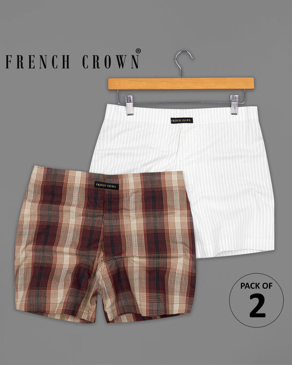 Bright White Striped Dobby Boxers and Heavy Metal Brown and Pale Carmine Red Premium Cotton Boxers Combo