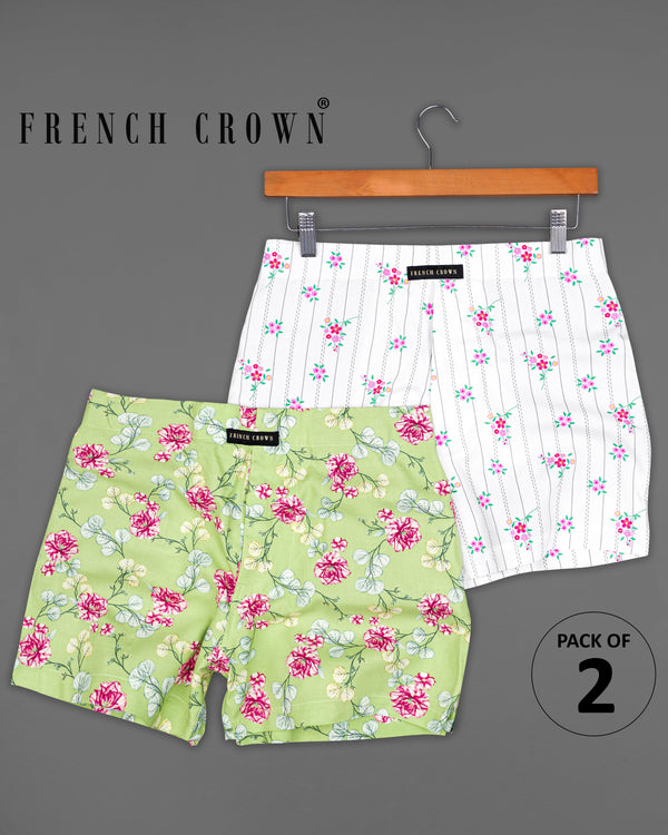 Bright white Striped and Spring Bud Floral Printed Premium Cotton Boxers