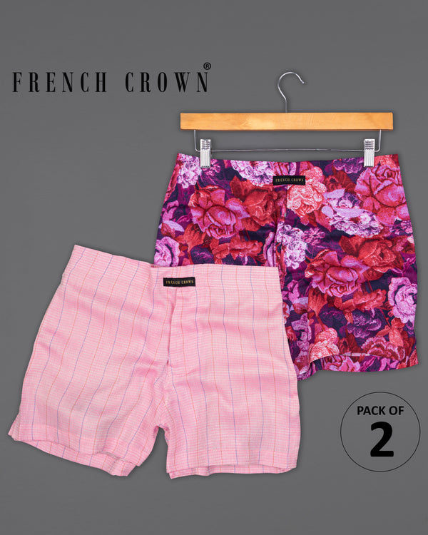 Bastille Purple with Deep Cerise Pink Rose Printed Twill Premium Cotton Boxers and Blossom Pink Striped Dobby Boxers
