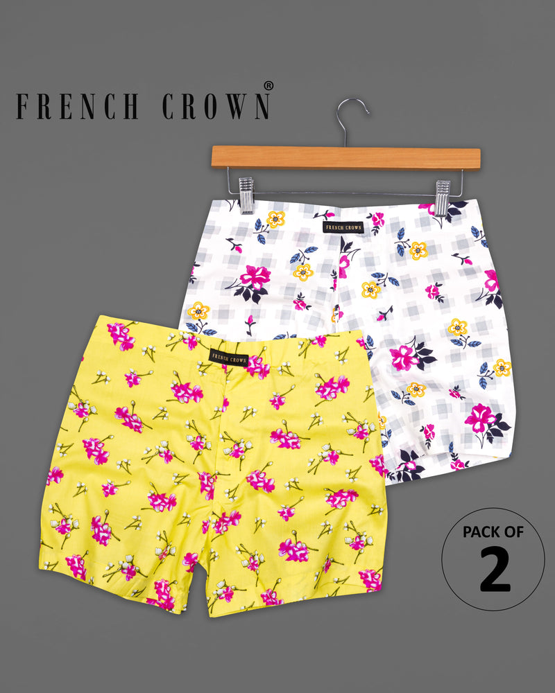 Bright White Floral Printed with Desert Storm Yellow Floral Printed Premium Cotton Boxers