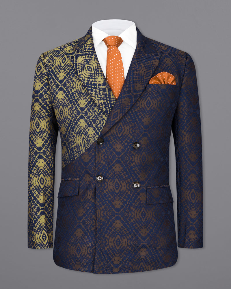 Bleached Navy Blue with Apache Gold Double Breasted Jacquard Textured Designer Blazer