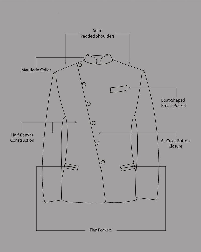 Gravel Grey Subtle Plaid Cross Buttoned Bandhgala Wool Rich Suit