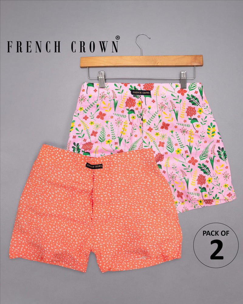 Bittersweet Orange Ditsy Printed Tencel and Careys Pink Floral Printed Premium Cotton Boxers CBX407-28, CBX407-30, CBX407-32, CBX407-34, CBX407-36, CBX407-38, CBX407-40, CBX407-42, CBX407-44