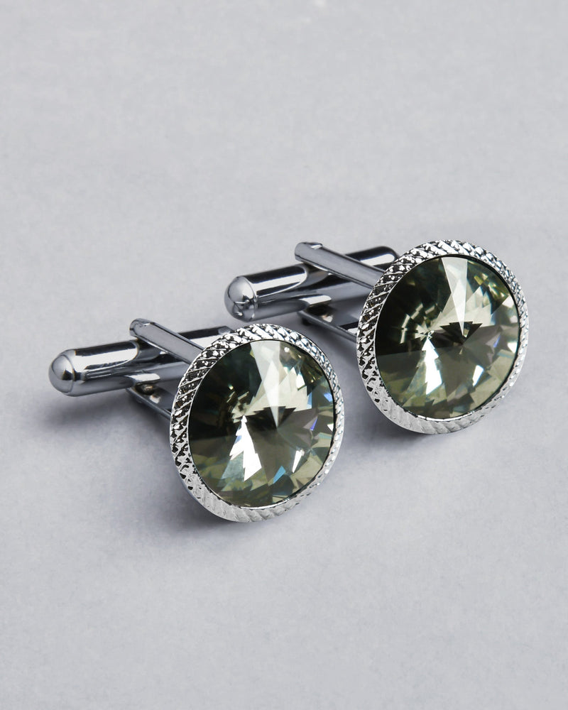 Silver with Border Engraved Grey Diamond Shaped Stone Cufflinks CL49