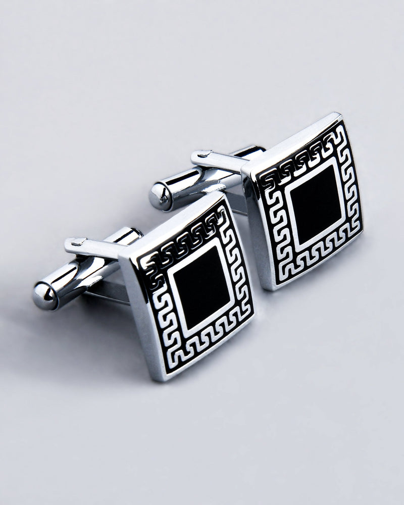 Silver with Black Border Textured Square Steel Cufflinks CL13