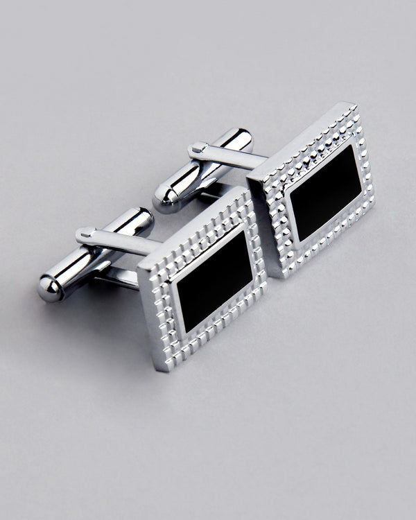 Silver with Black Patterned Rectangle Cufflinks CL16
