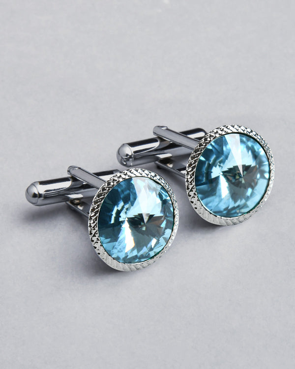 Silver with engraved border and Sky blue Diamond Shaped Stone Cufflinks CL32