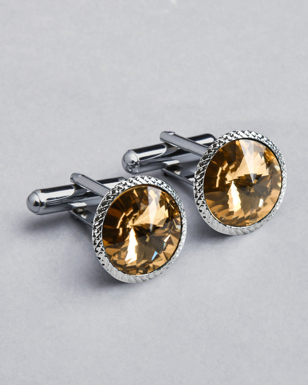 Silver with frame Engraved Brown Diamond Shaped Stone Cufflinks CL38