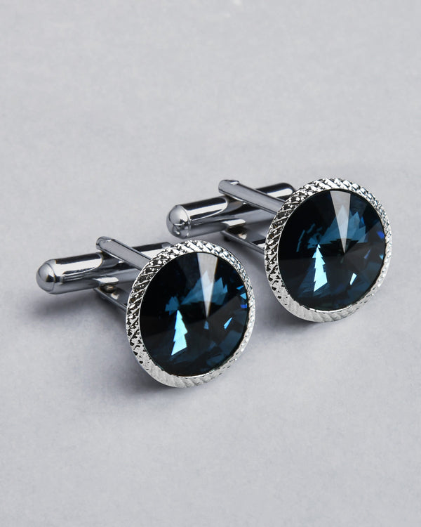 Silver with Border Engraved and Sapphire Blue Diamond Shaped Stone Cufflinks CL42