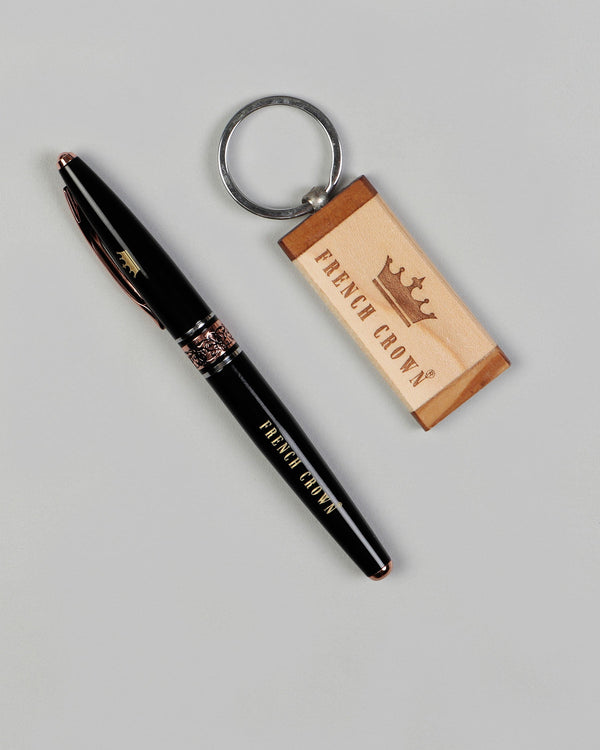 Glossy Jade Black with Rose Gold Detailed Flora Engraved Roller Pen and Wooden Keychain CO05