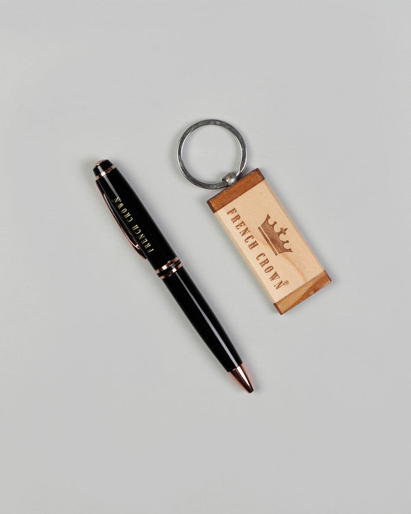 Glossy Jade Black with Rose Gold Trim BallPoint Pen and Wooden Keychain CO06