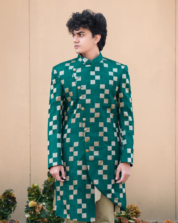 Dark Teal Green with Periglacial Cream Checked Velvet with Cotton Embroidered Thread Work Asymmetrical Patterned Cross Buttoned Bandhgala Sherwani