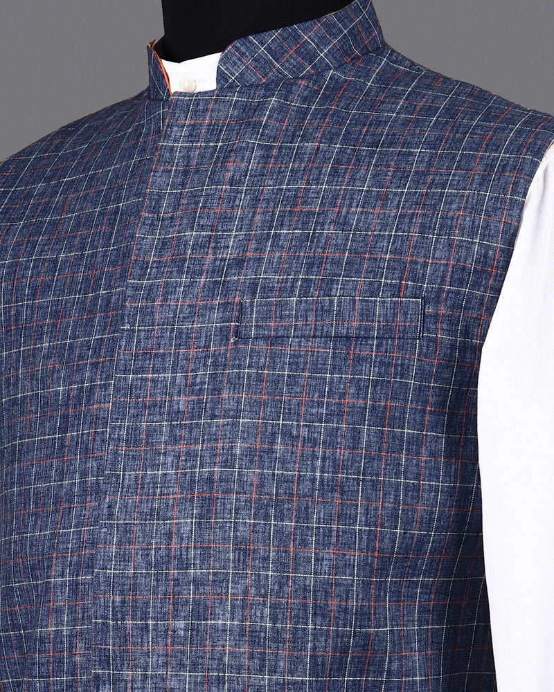 Denim Windowpane Linen-Jute Blend Reversible Nehru Jacket